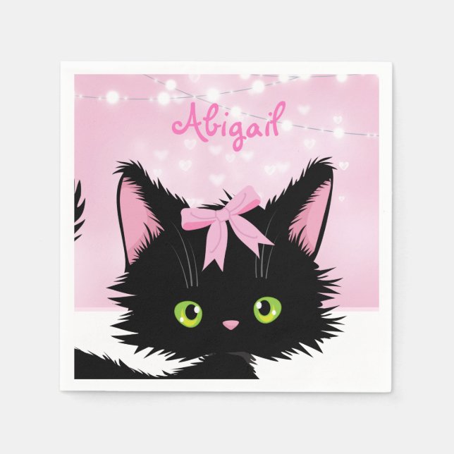 Personalized Cat Pink and White Kitten Birthday Napkins (Front)