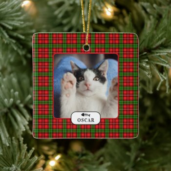 Personalized Cat Red & Green Pet Photo  Ceramic Ornament by celebrateitornaments at Zazzle
