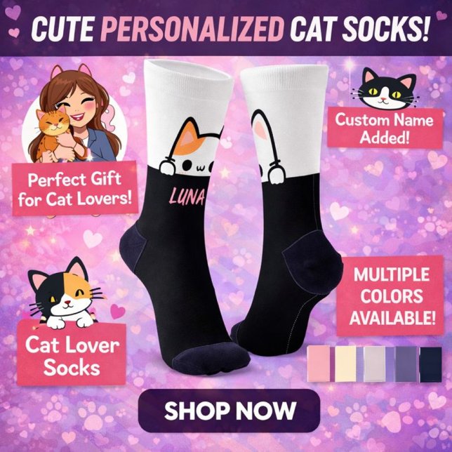 Personalized Cat Socks with Name – Cat Lover Gifts (Personalized Cat Socks With Name , Buy This Perfect Gift For Cat Lovers. Available In Many Colors. )