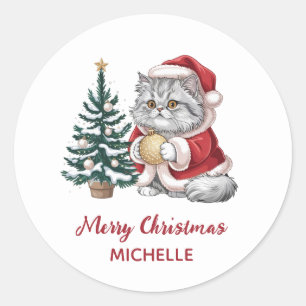 Personalized Cat with Santa Hat Christmas tree Classic Round Sticker