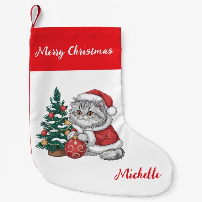 Personalized Cat with Santa Hat Christmas tree     Small Christmas Stocking (Front)