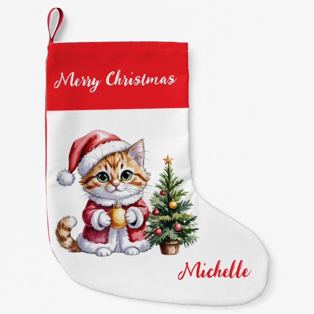 Personalized Cat with Santa Hat Christmas tree     Small Christmas Stocking (Front)
