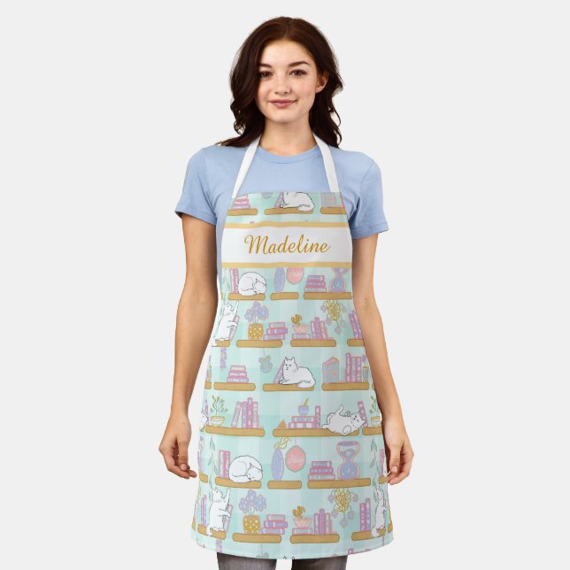 Personalized Cat's Library Bookish Pastel Green Apron (Worn)