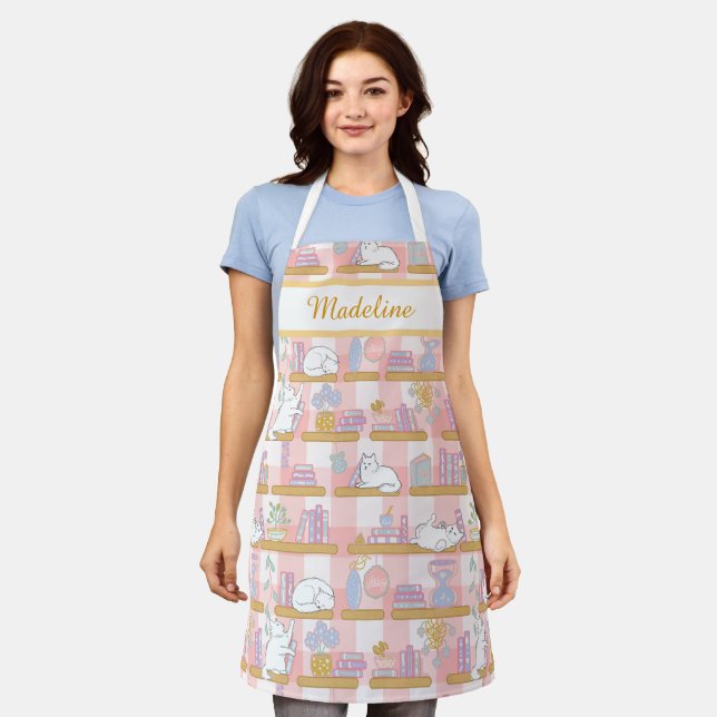 Personalized Cat's Library Bookish Pastel Pink Apron (Worn)