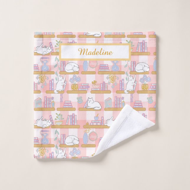 Personalized Cat's Library Bookish Pastel Pink Wash Cloth (Wash Cloth)