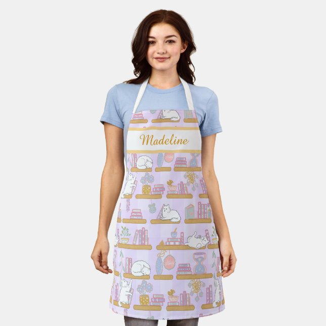 Personalized Cat's Library Bookish Pastel Purple Apron (Worn)