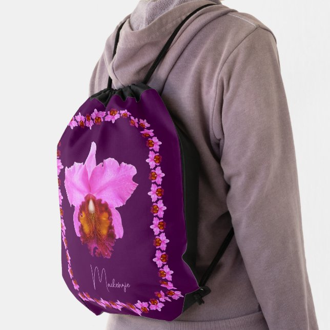 Personalized Cattleya Orchid Motif Print Drawstring Bag (Insitu)