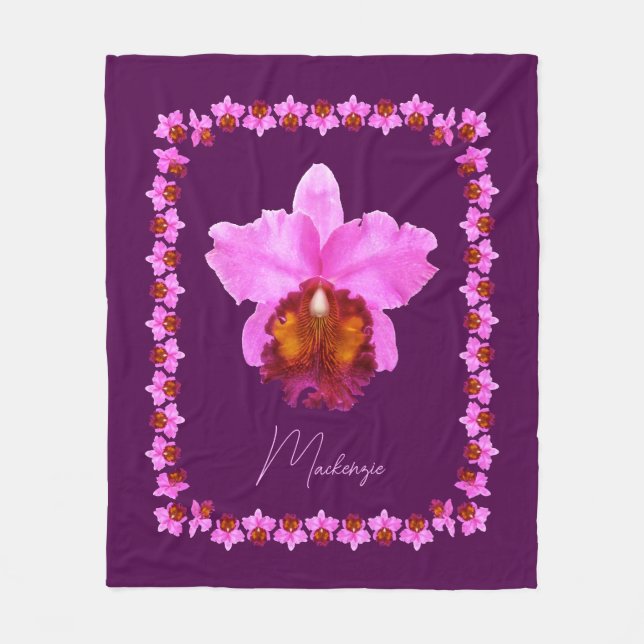 Personalized Cattleya Orchid Motif Print Fleece Blanket (Front)