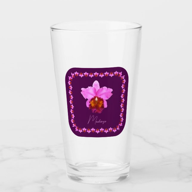 Personalized Cattleya Orchid Motif Print Glass (Front)