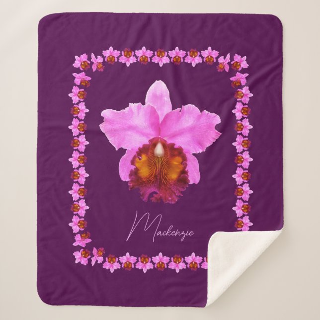 Personalized Cattleya Orchid Motif Print Sherpa Blanket (Front)