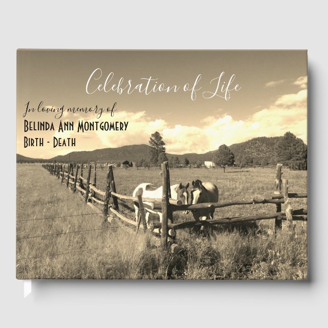 Personalized Celebration Of Life Sepia Horses Guest Book (Front)