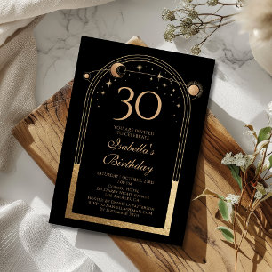 Personalized Celestial 30th Birthday Black Gold Invitation