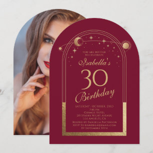Personalized Celestial 30th Birthday Red Gold Invitation