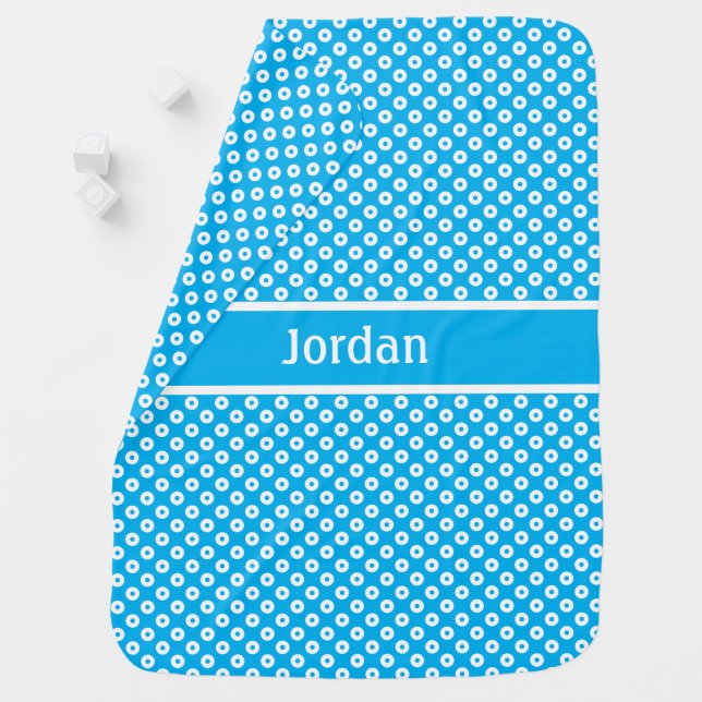 Personalized Central Stripe Blue Polka-Dotted Baby Blanket (In Situ)