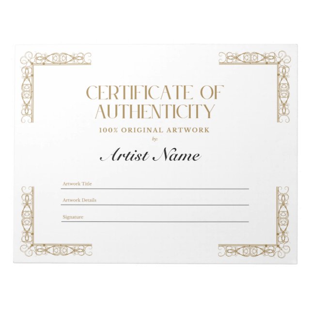 Personalized Certificate of Authenticity Notepad (Front)