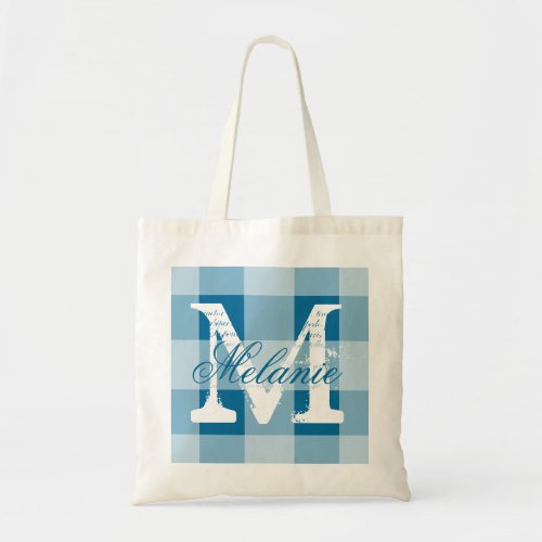 Personalized cerulean gingham monogram tote bag