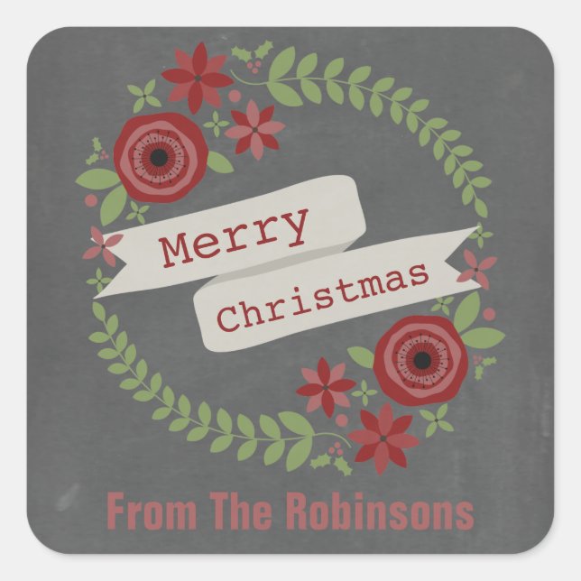 Personalized Chalk Inspired Wreath Christmas Square Sticker (Front)