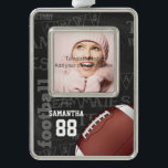 Personalized Chalkboard American Football Christmas Ornament<br><div class="desc">A modern American football grid iron design featuring a football on a chalkboard typography background with football terminology in the background. The design features customizable text for the name and number of the football player or grid iron fan. This design has been made in part with graphics licensed by Graphics...</div>