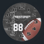 Personalized Chalkboard American Football Large Cl Large Clock<br><div class="desc">A modern American football grid iron design featuring a football on a chalkboard typography background with football terminology in the background. The design features customizable text for the name and number of the football player or grid iron fan. This design has been made in part with graphics licensed by Graphics...</div>
