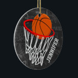 Personalized Chalkboard Basketball and Hoop Ceramic Ornament<br><div class="desc">Personalized basketball and hoop design on a dark and light gray chalkboard design background with a pattern of basketball terms. Just customize the name to add the name of the basktball fan, basketball player or basketball coach. Ideal for netball players too! We welcome custom requests. Please contact us via our...</div>