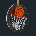 Personalized Chalkboard Basketball and Hoop Ceramic Ornament<br><div class="desc">Personalized basketball and hoop design on a dark and light gray chalkboard design background with a pattern of basketball terms. Just customize the name to add the name of the basktball fan, basketball player or basketball coach. Ideal for netball players too! We welcome custom requests. Please contact us via our...</div>