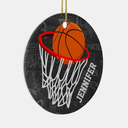 Personalized Chalkboard Basketball And Hoop Ceramic Ornament