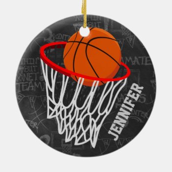 Personalized Chalkboard Basketball And Hoop Ceramic Ornament by giftsbonanza at Zazzle