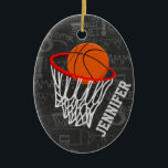 Personalized Chalkboard Basketball and Hoop Ceramic Ornament<br><div class="desc">Personalized basketball and hoop design on a dark and light gray chalkboard design background with a pattern of basketball terms. Just customize the name to add the name of the basktball fan, basketball player or basketball coach. Ideal for netball players too! We welcome custom requests. Please contact us via our...</div>