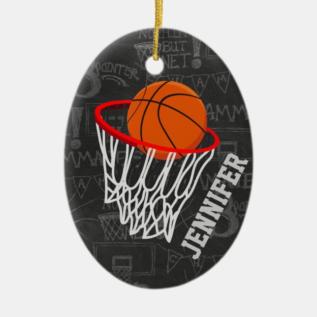 Personalized Chalkboard Basketball and Hoop Ceramic Ornament (Front)