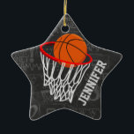 Personalized Chalkboard Basketball and Hoop Ceramic Ornament<br><div class="desc">Personalized basketball and hoop design on a dark and light gray chalkboard design background with a pattern of basketball terms. Just customize the name to add the name of the basktball fan, basketball player or basketball coach. Ideal for netball players too! We welcome custom requests. Please contact us via our...</div>