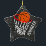 Personalized Chalkboard Basketball and Hoop Ceramic Ornament<br><div class="desc">Personalized basketball and hoop design on a dark and light gray chalkboard design background with a pattern of basketball terms. Just customize the name to add the name of the basktball fan, basketball player or basketball coach. Ideal for netball players too! We welcome custom requests. Please contact us via our...</div>