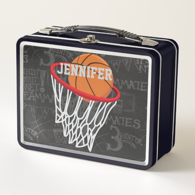 Personalized Chalkboard Basketball and Hoop Metal Lunch Box (Front)