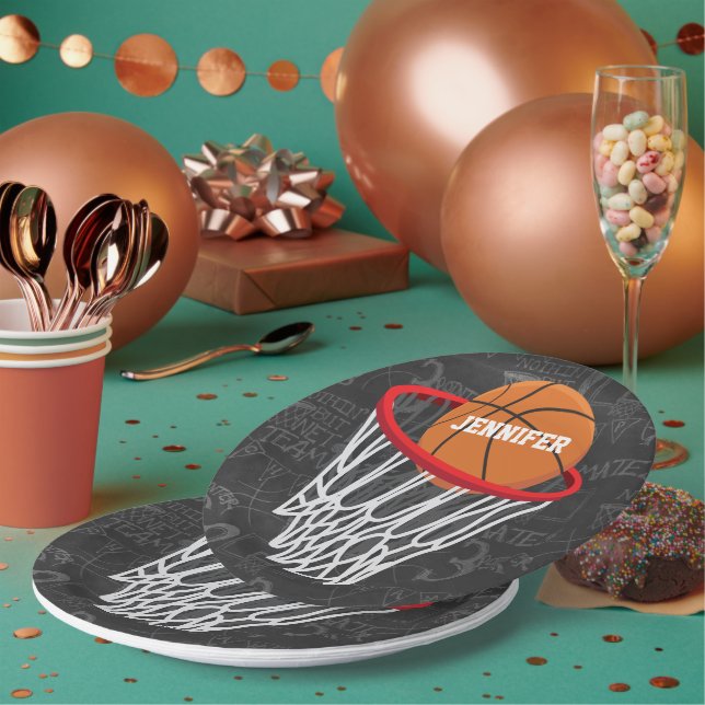 Personalized Chalkboard Basketball and Hoop Paper Plates (Multi)