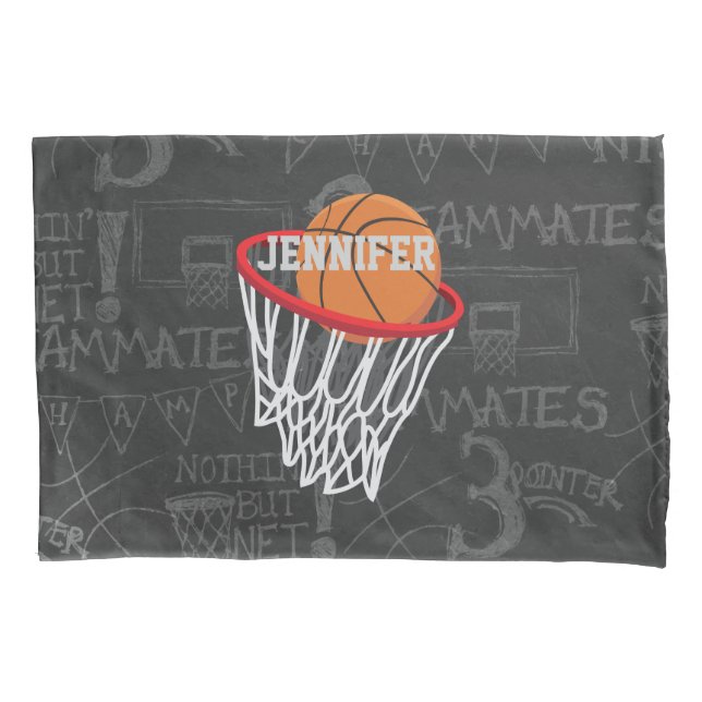 Personalized Chalkboard Basketball and Hoop Pillow Case (Front)