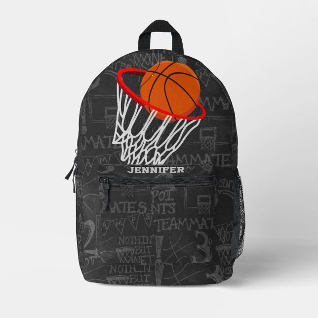 Personalized Chalkboard Basketball and Hoop Printed Backpack (Front)