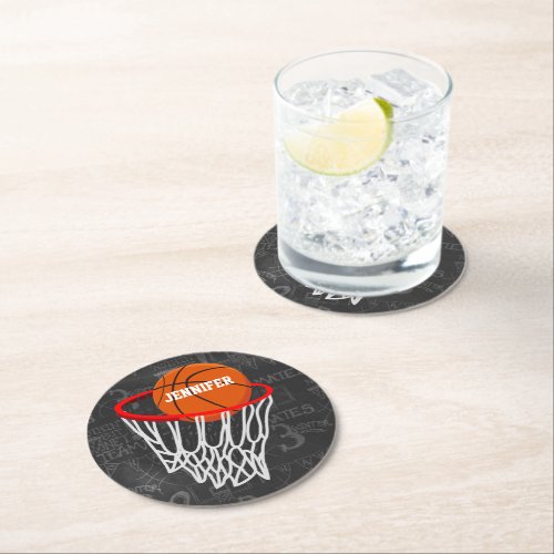 Personalized Chalkboard Basketball and Hoop Round Paper Coaster