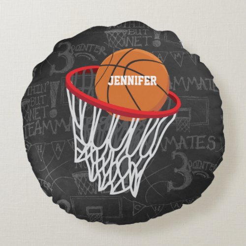 Personalized Chalkboard Basketball and Hoop Round Pillow