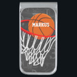 Personalized Chalkboard Basketball and Hoop Silver Finish Money Clip<br><div class="desc">Personalized basketball and hoop design on a dark and light gray chalkboard design background with a pattern of basketball terms. Just customize the name to add the name of the basktball fan, basketball player or basketball coach. Ideal for netball players too! We welcome custom requests. Please contact us via our...</div>