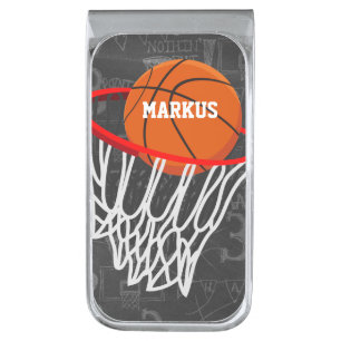 Personalized Chalkboard Basketball and Hoop Silver Finish Money Clip