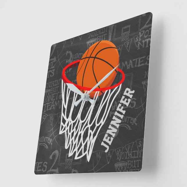 Personalized Chalkboard Basketball and Hoop Square Wall Clock (Angle)