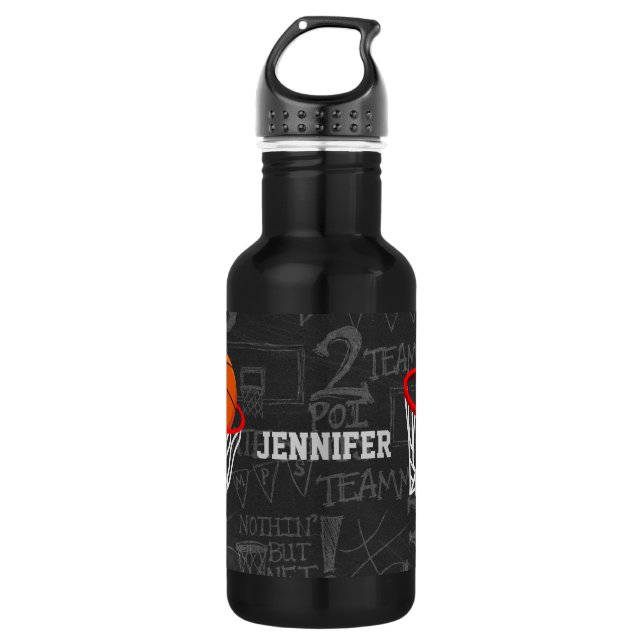 Personalized Chalkboard Basketball and Hoop Stainless Steel Water Bottle (Front)