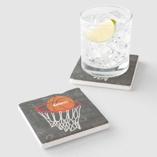 Personalized Chalkboard Basketball and Hoop Stone Coaster (Side)