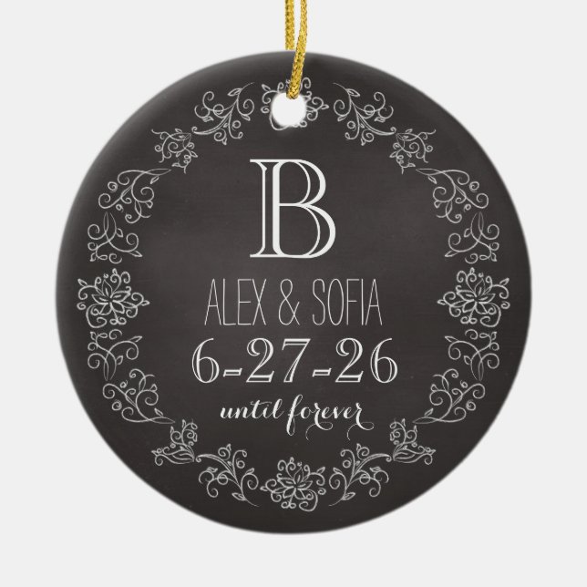 Personalized Chalkboard Monogram Wedding Date Ceramic Ornament (Front)