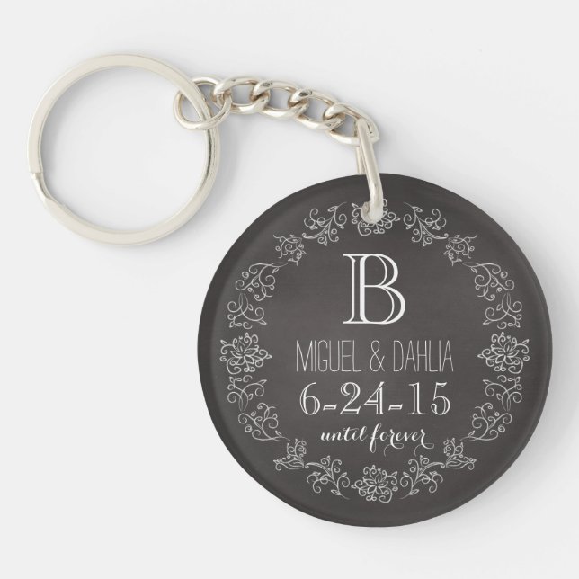 Personalized Chalkboard Monogram Wedding Date Keychain (Front)