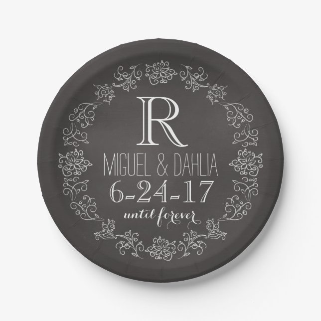 Personalized Chalkboard Monogram Wedding Date Paper Plates (Front)