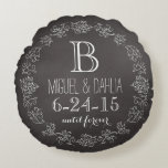 Personalized Chalkboard Monogram Wedding Date Round Pillow<br><div class="desc">Celebrate the wedding day or anniversary of your favorite bride and groom with this customizable round pillow An elegant white scroll chalk border on a black chalkboard background surrounds a monogram, couple's names and wedding date. “until forever” is written in script below the wedding date. Makes a beautiful, modern, personalized...</div>