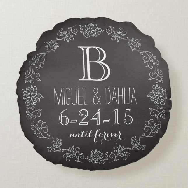 Personalized Chalkboard Monogram Wedding Date Round Pillow (Front)