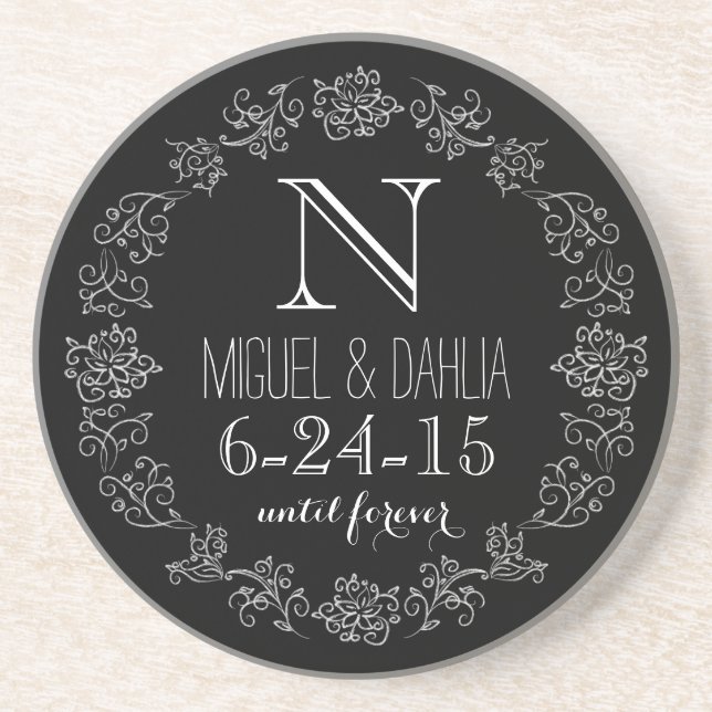 Personalized Chalkboard Monogram Wedding Date Sandstone Coaster (Front)