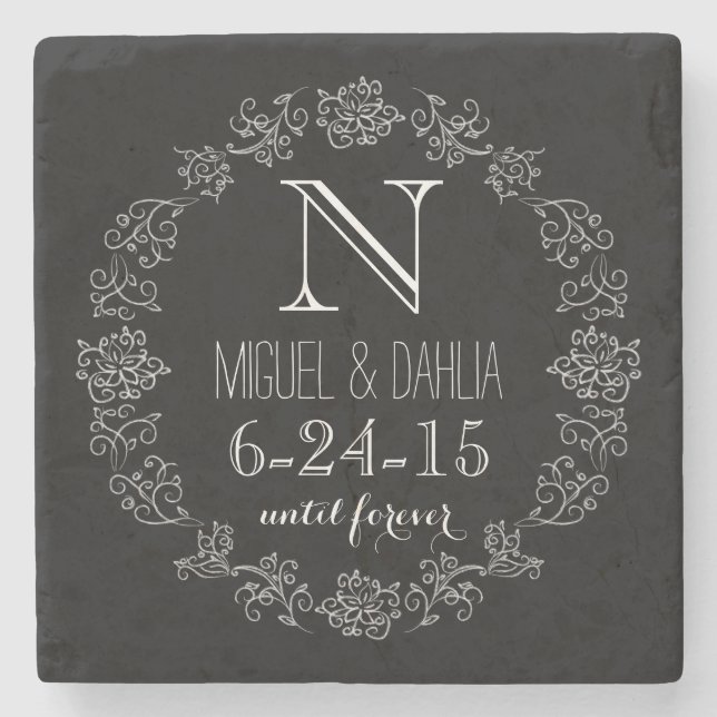 Personalized Chalkboard Monogram Wedding Date Stone Coaster (Front)