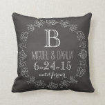 Personalized Chalkboard Monogram Wedding Date Throw Pillow<br><div class="desc">Celebrate the wedding day or anniversary of your favorite bride and groom with this customizable keepsake! An elegant white scroll chalk border on a black chalkboard background surrounds a monogram, couple's names and wedding date. “until forever” is written in script below the wedding date. Makes a beautiful, modern, personalized gift....</div>